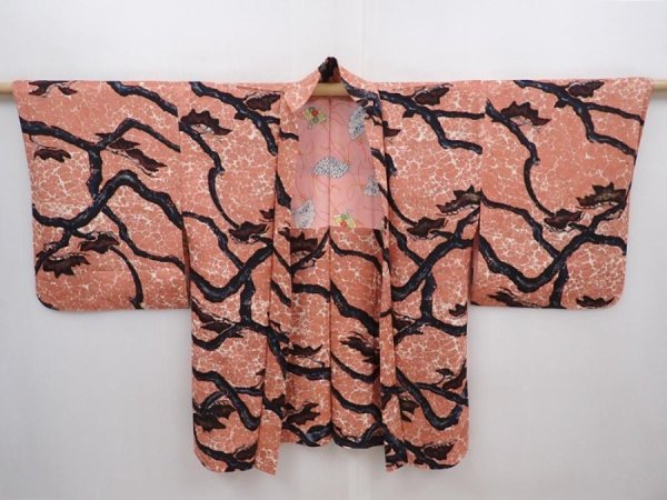 Photo5: 6319T06z410 Vintage Japanese Kimono Silk HAORI Pine branch Dark coral (5)