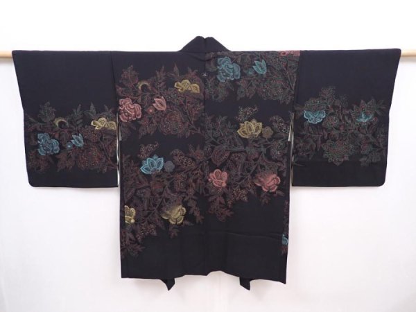 Photo1: 6319T01z520 Vintage Japanese Kimono Silk HAORI Flower Black (1)