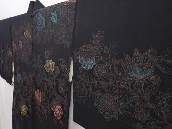 Photo2: 6319T01z520 Vintage Japanese Kimono Silk HAORI Flower Black (2)