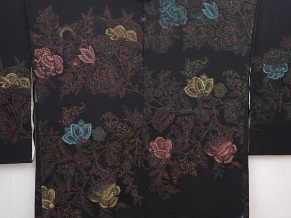 Photo3: 6319T01z520 Vintage Japanese Kimono Silk HAORI Flower Black (3)