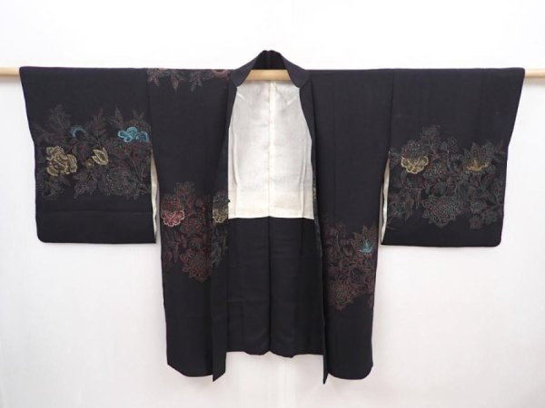 Photo6: 6319T01z520 Vintage Japanese Kimono Silk HAORI Flower Black (6)