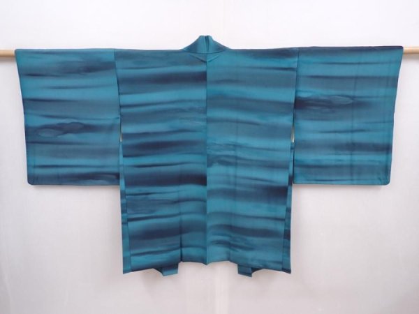 Photo1: 6319T04z560 Vintage Japanese Kimono Silk HAORI  Deep cyan (1)