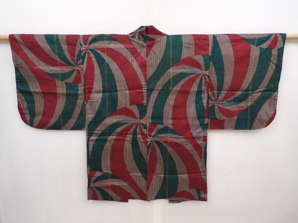 Photo1: 6319T08z410 Vintage Japanese Kimono Silk HAORI  Dark red (1)