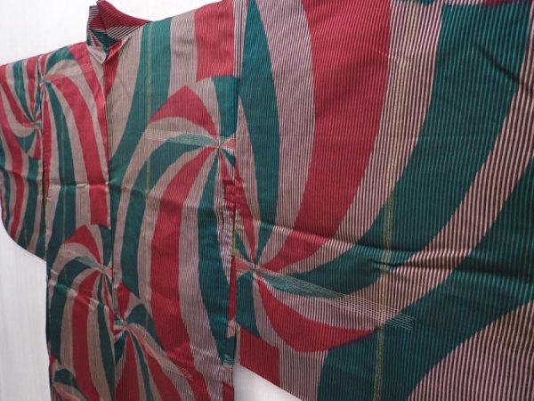 Photo2: 6319T08z410 Vintage Japanese Kimono Silk HAORI  Dark red (2)