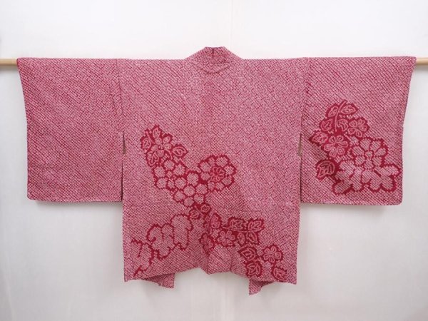 Photo1: 6319T09z430 Vintage Japanese Kimono Silk SHIBORI HAORI Flower Wine red (1)