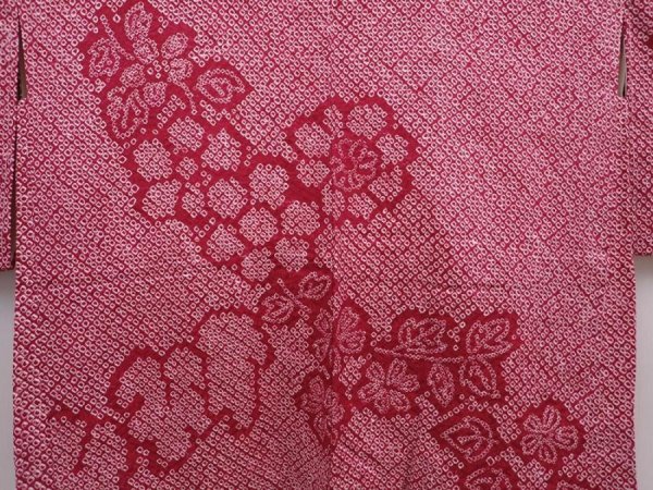 Photo3: 6319T09z430 Vintage Japanese Kimono Silk SHIBORI HAORI Flower Wine red (3)