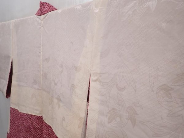 Photo7: 6319T09z430 Vintage Japanese Kimono Silk SHIBORI HAORI Flower Wine red (7)
