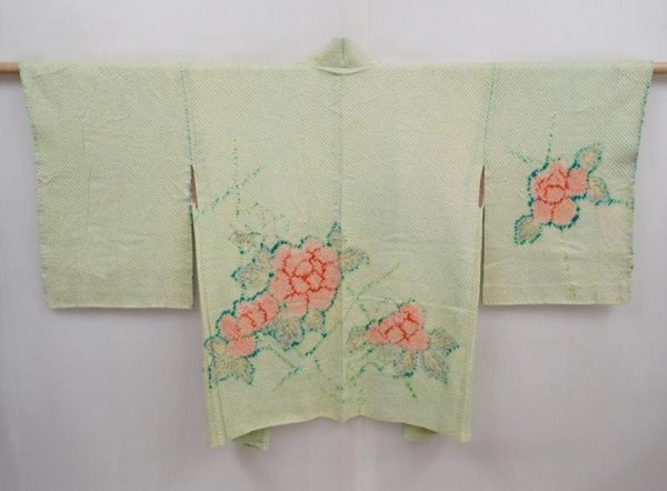 Photo1: 6319T11z440 Vintage Japanese Kimono Silk SHIBORI HAORI Peony Light green (1)