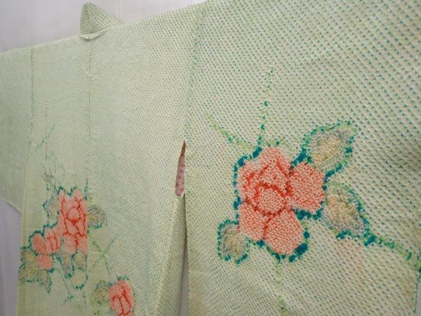 Photo2: 6319T11z440 Vintage Japanese Kimono Silk SHIBORI HAORI Peony Light green (2)