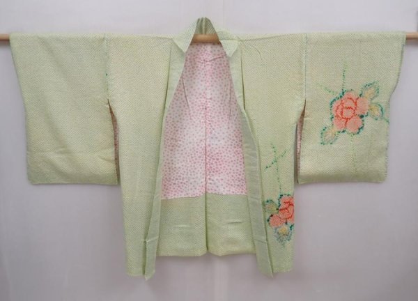 Photo5: 6319T11z440 Vintage Japanese Kimono Silk SHIBORI HAORI Peony Light green (5)