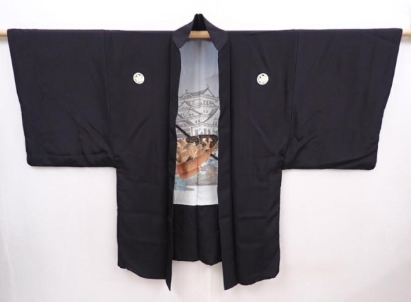 Photo4: 6319T12z620 Vintage Japanese Kimono Silk Men's HAORI Castle Black (4)