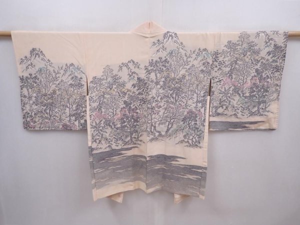 Photo1: 6319T14z660 Vintage Japanese Kimono Silk HAORI Trees Peach-Beige (1)