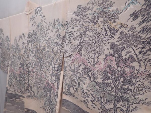 Photo2: 6319T14z660 Vintage Japanese Kimono Silk HAORI Trees Peach-Beige (2)