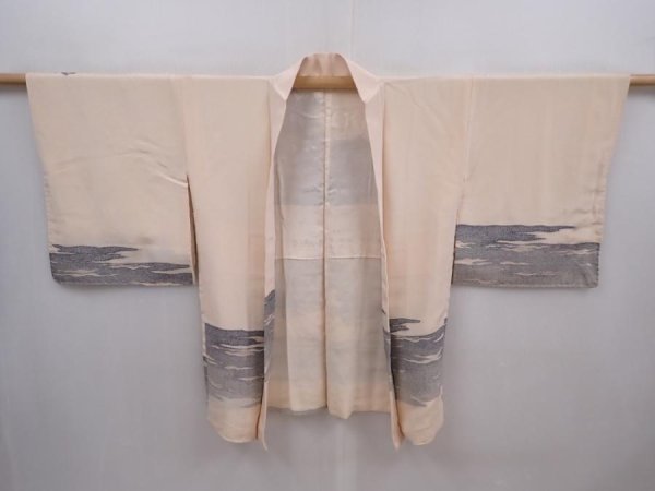 Photo6: 6319T14z660 Vintage Japanese Kimono Silk HAORI Trees Peach-Beige (6)