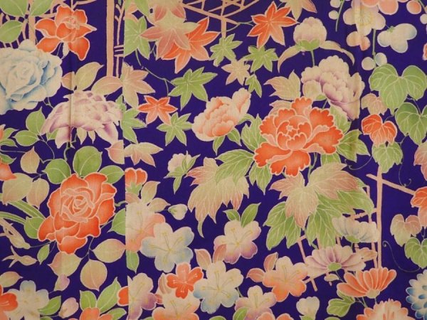 Photo6: 6415T03z320 Antique Japanese Kimono Kinsha HAORI COAT Flowers (6)