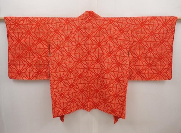 Photo1: 6415T04z410 Vintage Japanese Kimono Silk SHIBORI HAORI  Tomato red (1)