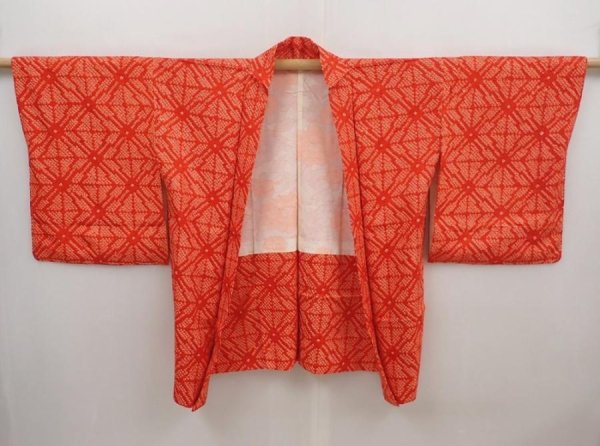 Photo5: 6415T04z410 Vintage Japanese Kimono Silk SHIBORI HAORI  Tomato red (5)