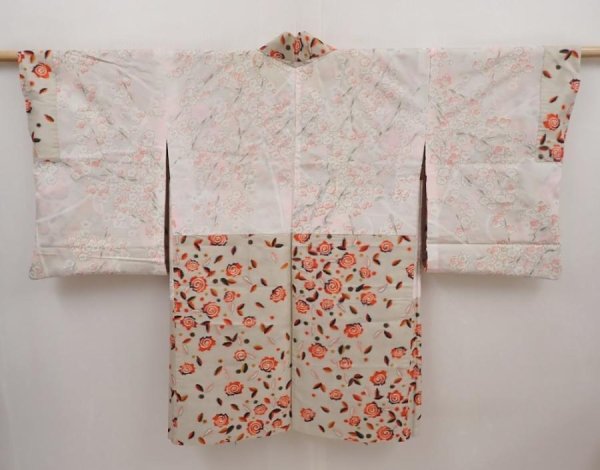 Photo6: 6415T05z400 Vintage Japanese Kimono Silk MEISEN HAORI Flower Light gray (6)