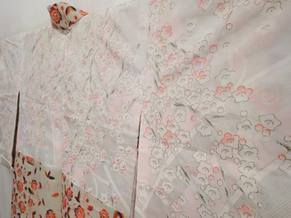 Photo7: 6415T05z400 Vintage Japanese Kimono Silk MEISEN HAORI Flower Light gray (7)