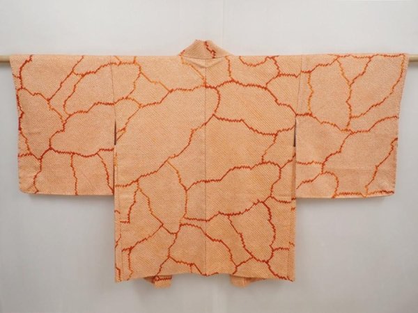 Photo1: 6415T06z560 Vintage Japanese Kimono Silk SHIBORI HAORI  Orange (1)