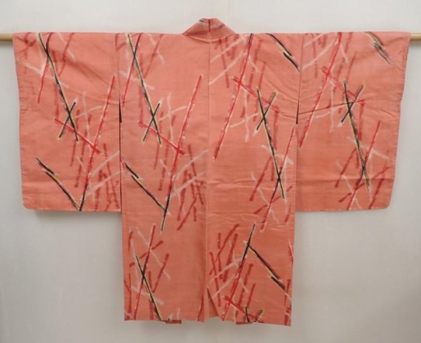 Photo1: 6415T07z430 Vintage Japanese Kimono Silk MEISEN HAORI  Coral pink (1)