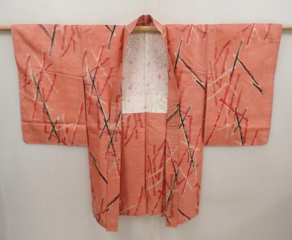 Photo6: 6415T07z430 Vintage Japanese Kimono Silk MEISEN HAORI  Coral pink (6)