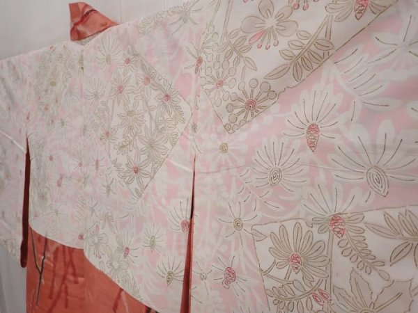Photo8: 6415T07z430 Vintage Japanese Kimono Silk MEISEN HAORI  Coral pink (8)