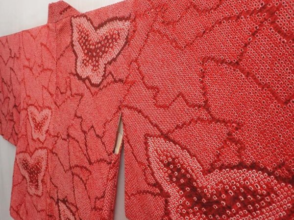 Photo2: 6415T08z480 Vintage Japanese Kimono Silk SHIBORI HAORI Butterfly Dark red (2)