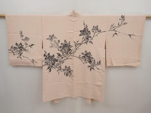 Photo1: 6415T10z640 Vintage Japanese Kimono Silk HAORI Flower Peach-Beige (1)