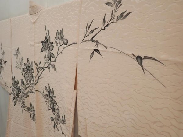 Photo2: 6415T10z640 Vintage Japanese Kimono Silk HAORI Flower Peach-Beige (2)