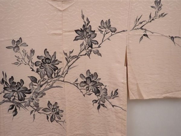 Photo3: 6415T10z640 Vintage Japanese Kimono Silk HAORI Flower Peach-Beige (3)