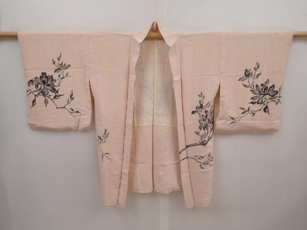Photo5: 6415T10z640 Vintage Japanese Kimono Silk HAORI Flower Peach-Beige (5)