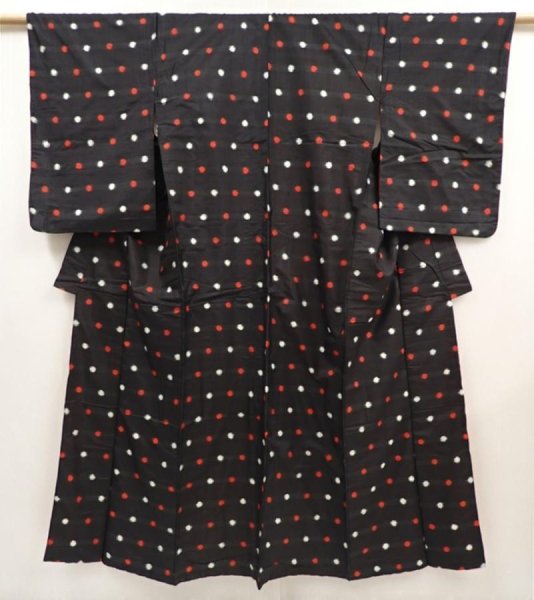 Photo1: 6415T11z580 Vintage Japanese Kimono Silk MEISEN KOMON Dot Black (1)
