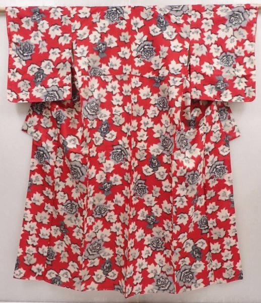 Photo1: 6415T12z580 Vintage Japanese Kimono Silk MEISEN KOMON Flower Dull red (1)