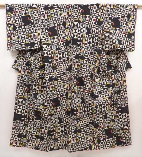 Photo1: 6415T13z660 Vintage Japanese Kimono Silk MEISEN KOMON  Black (1)