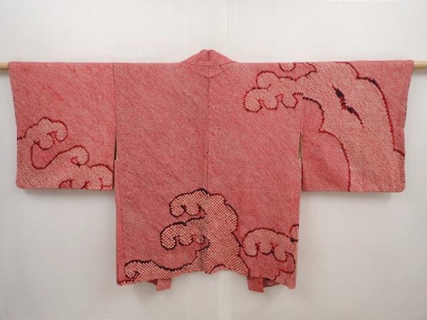 Photo1: 6416T01z480 Vintage Japanese Kimono Silk SHIBORI HAORI Wave Dull red (1)