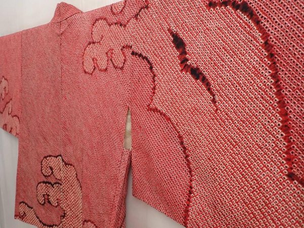 Photo2: 6416T01z480 Vintage Japanese Kimono Silk SHIBORI HAORI Wave Dull red (2)