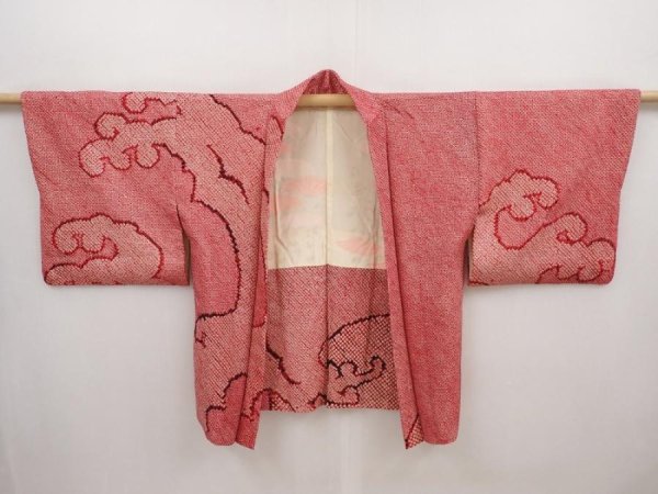 Photo6: 6416T01z480 Vintage Japanese Kimono Silk SHIBORI HAORI Wave Dull red (6)