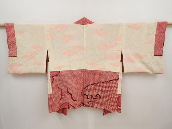 Photo7: 6416T01z480 Vintage Japanese Kimono Silk SHIBORI HAORI Wave Dull red (7)