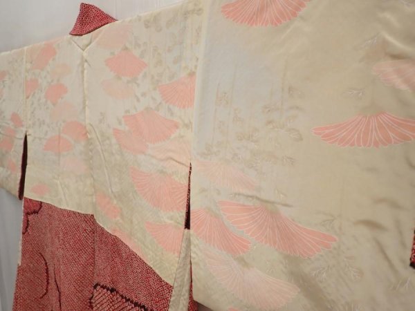 Photo8: 6416T01z480 Vintage Japanese Kimono Silk SHIBORI HAORI Wave Dull red (8)
