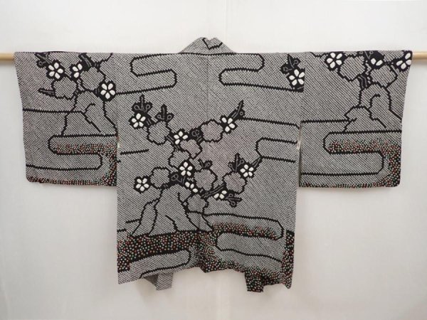 Photo1: 6416T06z460 Vintage Japanese Kimono Silk SHIBORI HAORI Flower Black (1)