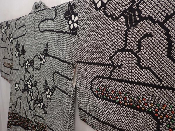 Photo2: 6416T06z460 Vintage Japanese Kimono Silk SHIBORI HAORI Flower Black (2)