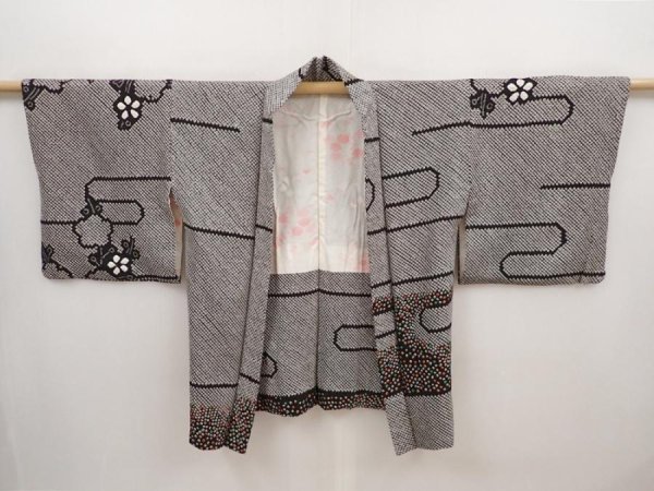 Photo5: 6416T06z460 Vintage Japanese Kimono Silk SHIBORI HAORI Flower Black (5)