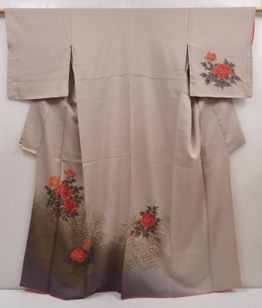 Photo1: 6416T10z990  Japanese Kimono Silk TSUKESAGE Peony Ash rose (1)