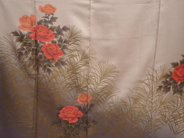 Photo8: 6416T10z990  Japanese Kimono Silk TSUKESAGE Peony Ash rose (8)