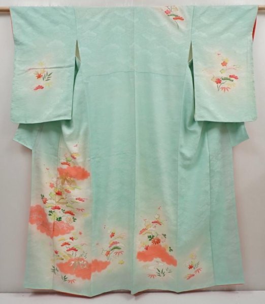 Photo1: 6416T11z910 Vintage Japanese Kimono Silk TSUKESAGE Flowers Light cyan (1)