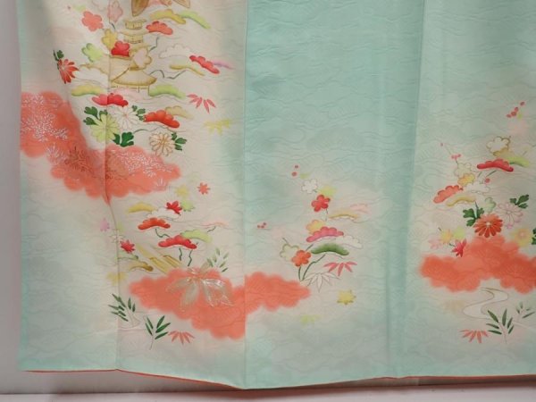 Photo6: 6416T11z910 Vintage Japanese Kimono Silk TSUKESAGE Flowers Light cyan (6)