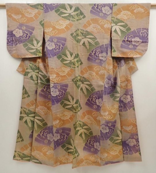 Photo1: 6416T12z760 Antique Japanese Kimono Muslin KOMON Jigami Dark champagne (1)