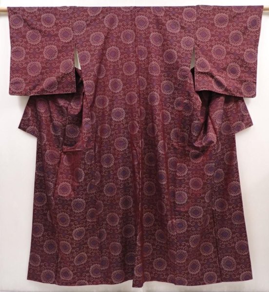 Photo1: 6416T13z630 Vintage Japanese Kimono Silk TSUMUGI Flower Purple-Brown (1)