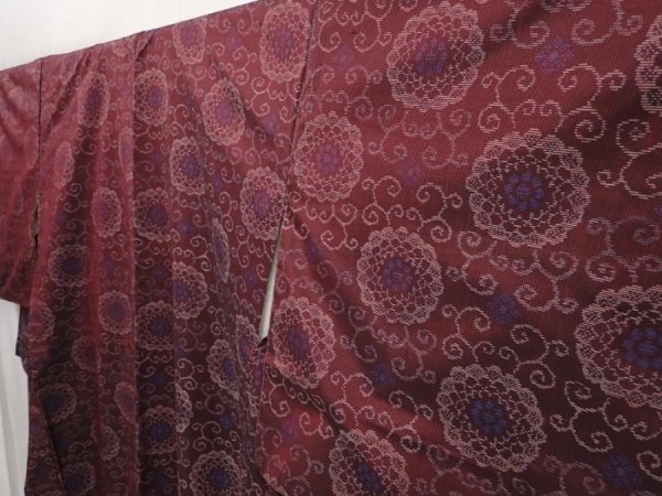 Photo2: 6416T13z630 Vintage Japanese Kimono Silk TSUMUGI Flower Purple-Brown (2)